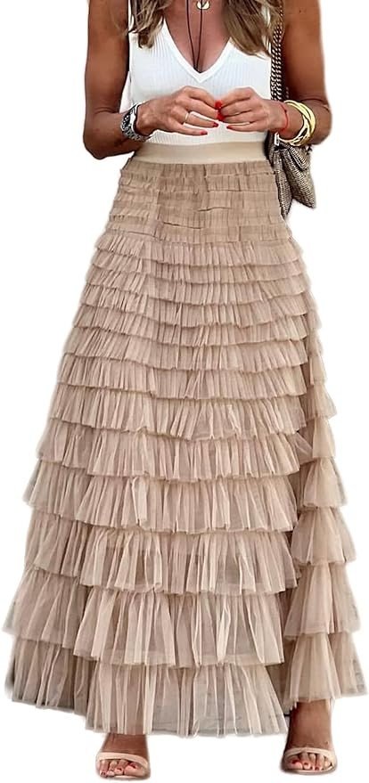 Perbai Womens Long Maxi Tulle Skirt High Waisted A Line Layered Tiered Mesh Skirt Petticoat