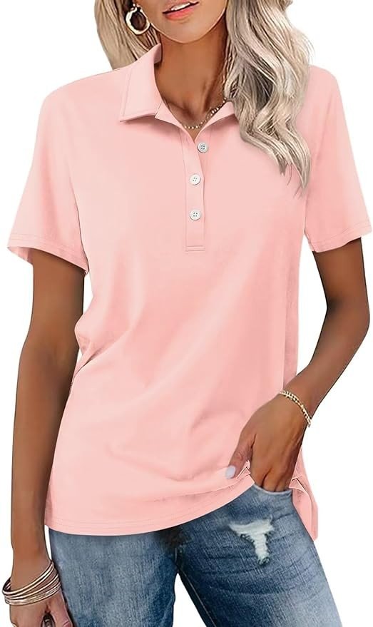 ORANDESIGNE Women's Short Sleeve Polo Shirts Summer Button Down Collared Tops Casual Loose Tees