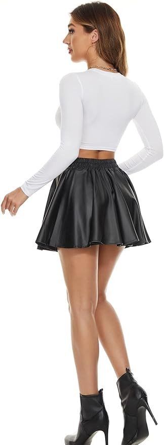 DingCo Women's Faux Leather Black Mini Skirt Classic high Waisted Skirt Pleated Skirt PU Black Leather Skirt
