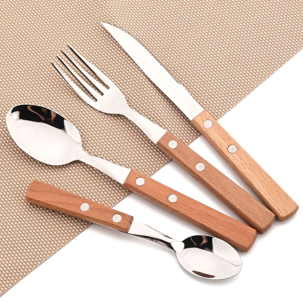 Wooden Handle Cutlery Tableware Stainless Steel Knife Fork Spoon Dinnerware Tool
