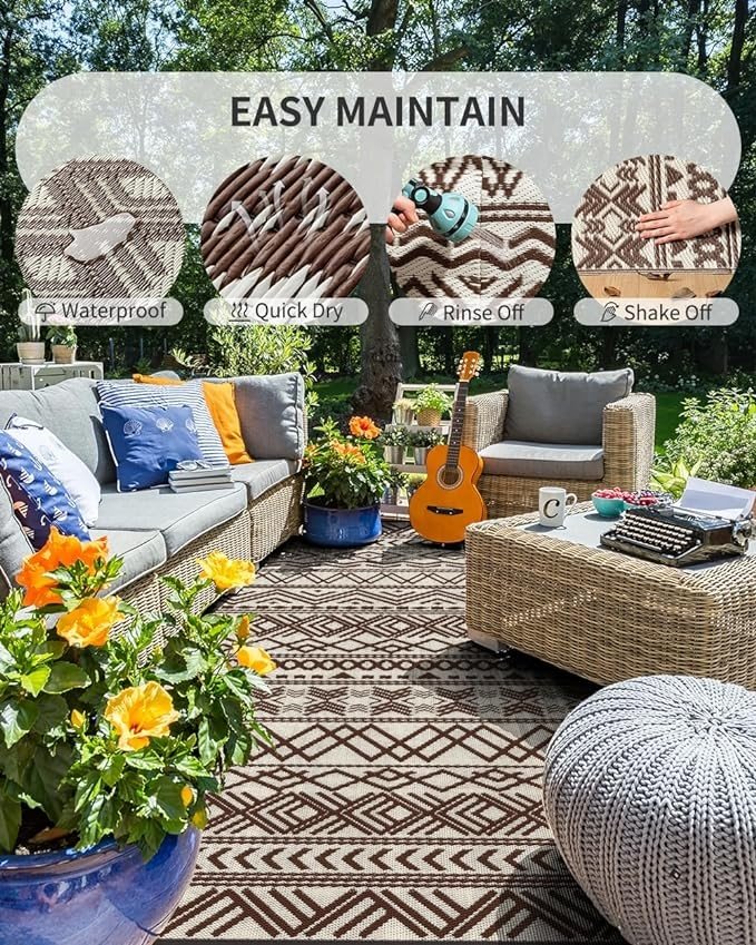 MontVoo-Outdoor Rug Carpet Waterproof 5x8 ft Reversible Patio Rug RV Camping Rug-Plastic Straw Rug Outside Indoor Outdoor Area Rug for Patio Deck Balcony Picnic Beach Outdoor Decor Boho Beige Brown