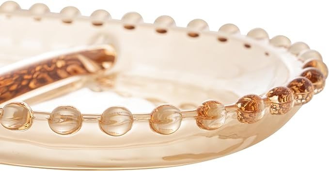 WOLFF - Oval Crystal Serving Plate - Pearl Beaded Details, Divided Platter Dish, Sectional Tray for Snacks, Appetizer, Nuts or Sweets - Hosting Luxury Glasswear, Decorative Dinner Accessories - Amber