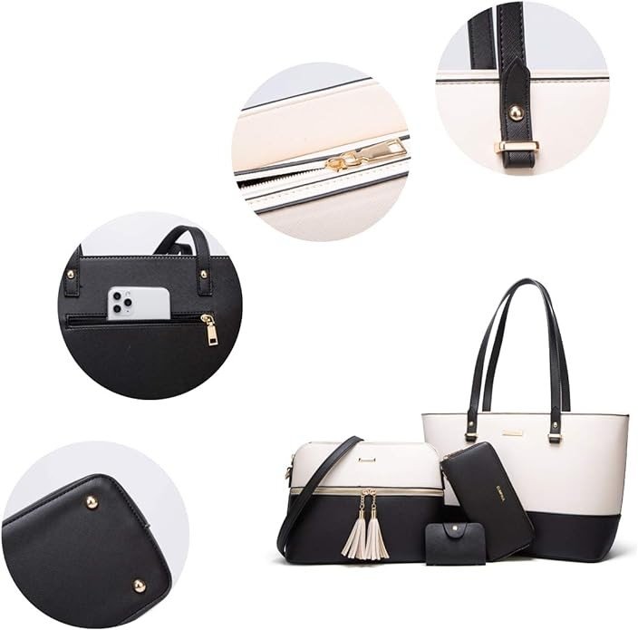 Women Fashion Synthetic Leather Handbags Tote Bag Shoulder Bag Top Handle Satchel Purse Set 4pcs
