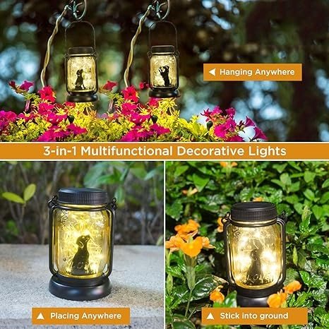 Styleonme Decor Mobile Outdoor Solar Lanterns, Dog & Butterfly Fairy Lights Theme Garden, Mason Jar Solar, Gifts for Women,Mom, Grandma, Everyone, Cat Themed Gifts, Garden Fence Patio Lawn Decor