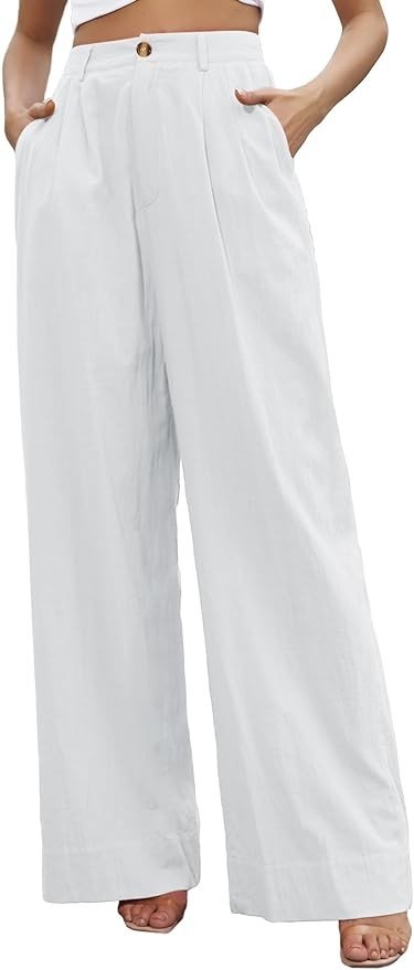 Kocowoo Linen Wide Leg Dress Pants for Women High Waisted Palazzo Pants Casual Lounge Beach Trousers with Pocket.