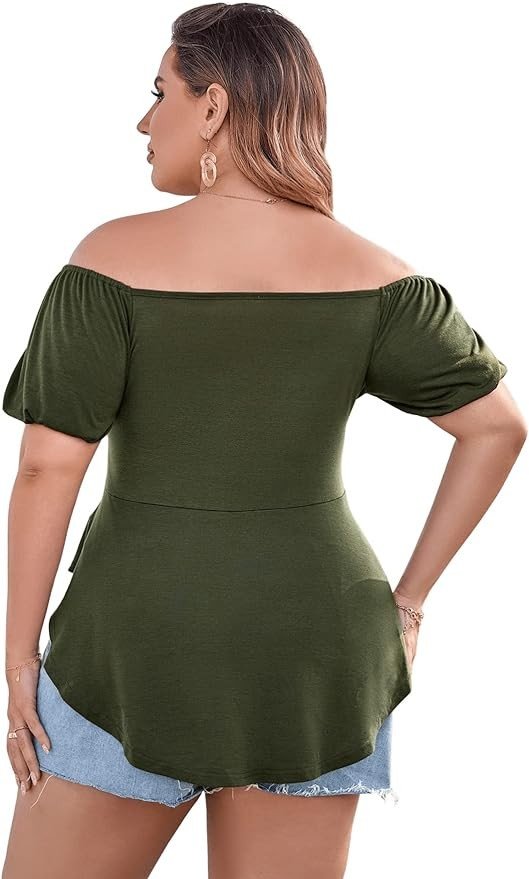 SOLY HUX Women's Plus Size Short Sleeve Peplum Blouse Tie Front Ruffle Hem Summer T Shirt Tops