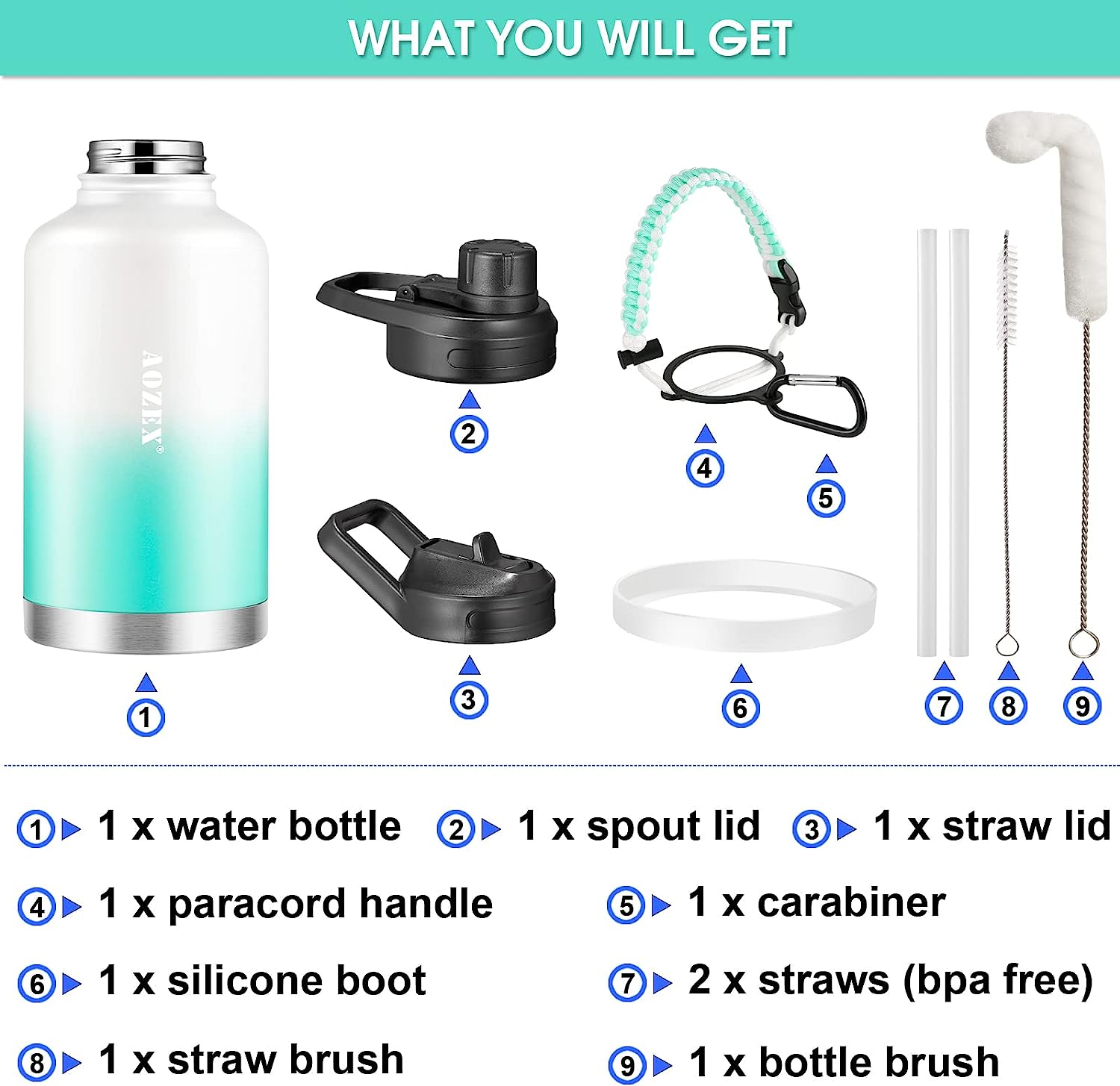 64 OZ Insulated Water Bottle with Straw, Stainless Steel Half Gallon Large Water