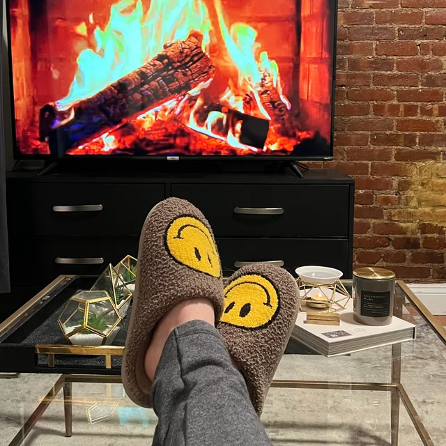 Smiley Face Slippers (Unisex), Slip Resistant, Slide-On House Shoes, Blue (US Womens 9 / Mens 7.5)