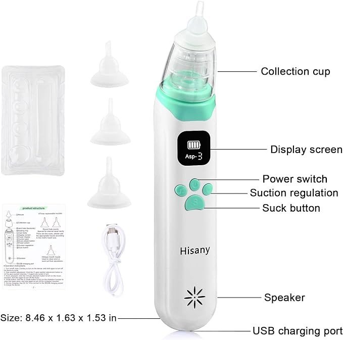 Hisany Electric Nose Suction for Baby 3rd Gear Adjustable,Nasal Aspirator for Baby with Music Soothing Function Caring for Baby Health USB Rechargeable Automatic Nose Cleaner with 3 Silicone Tips