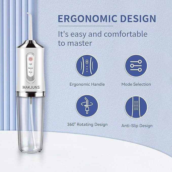 Water-Flosser-Cordless-Teeth-Cleaner MAKJUNS Water Dental Flosser with 3 Modes 4 Jets Rechargeable IPX7 Waterproof Dental Oral Irrigator for Travel Home Braces(Classic White)