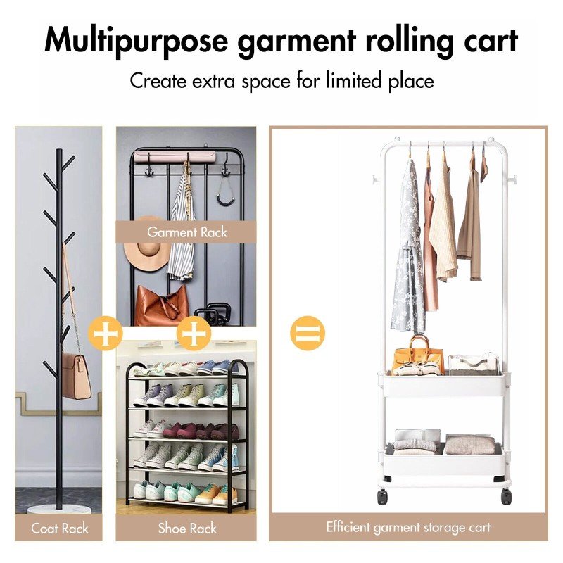 Rolling Garment Rack on Wheels, Entryway Clothing Rack with 2 Tier Metal Basket