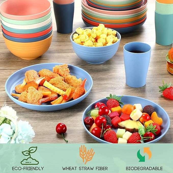 Aoriher 48 Pack Wheat Straw Dinnerware Sets Dishwasher Microwave Safe Dishes Set for 8 Unbreakable Lightweight Plastic Cup Plates and Bowls Sets Reusable Tableware Set for Kitchen Room Camping