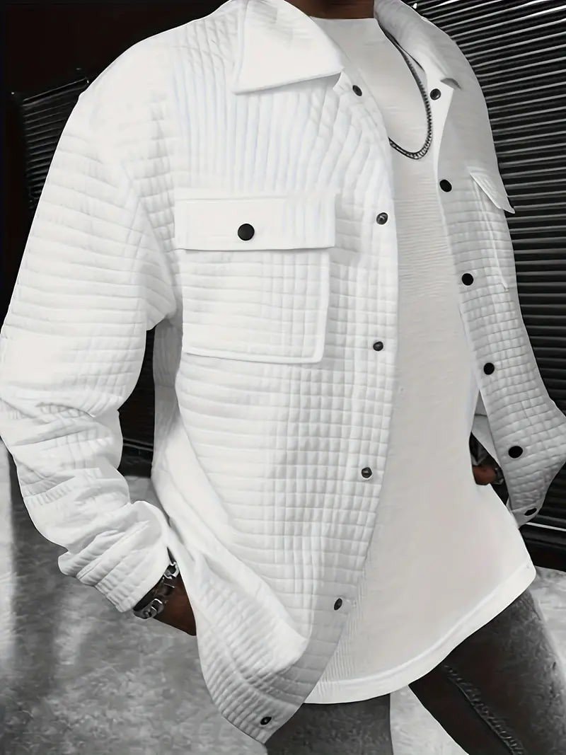 Plus Size Men's Casual Waffle Shirt, Spring Fall Solid Cargo Shirt With Pockets, Men's Clothing