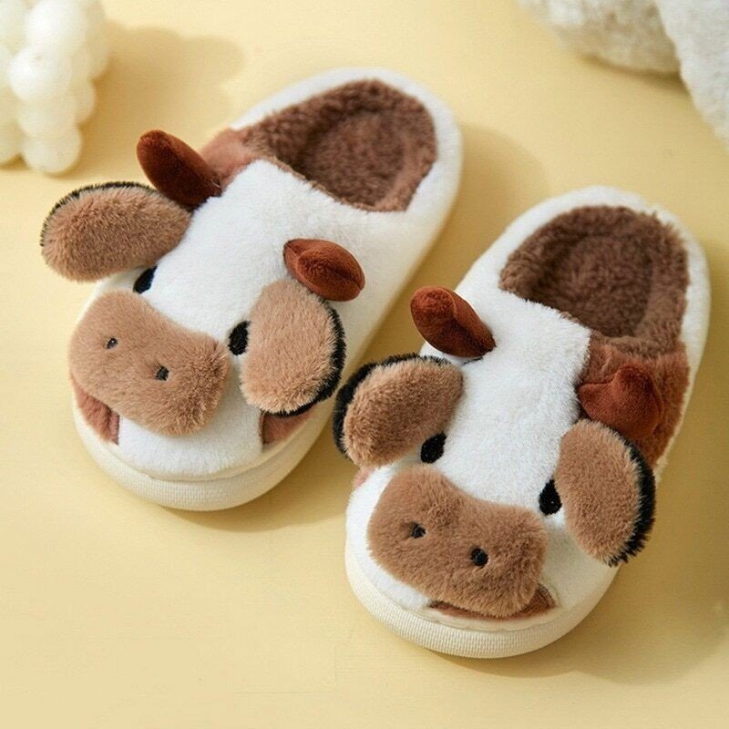 Animal Slipper Women Girls Fluffy Slippers Woman Cartoon Milk Cow House Shoes