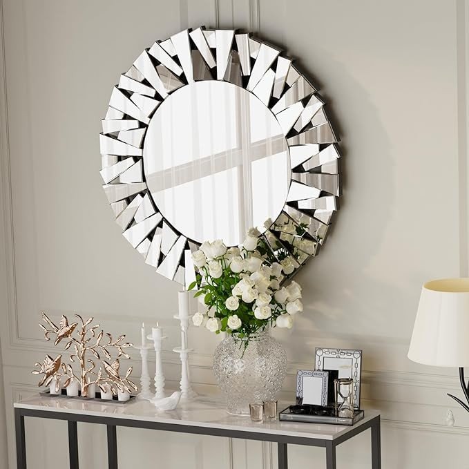 Artloge Round Decorative Mirror Wall: 32 inch Large Silver Vanity with Beveled Glass Frame Edge and Back for Modern Home Mirrored Art Accent Decor Bathroom Bedroom Living Room