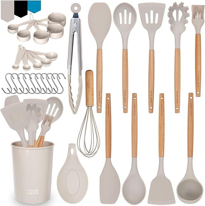 Home Hero Silicone Kitchen Utensils Set, Non-Stick Silicone Cooking Utensils Set with Spatula, Wooden Handle Spatula, Silicone Kitchen Gadgets Utensil Set (33 Pcs - Khaki)