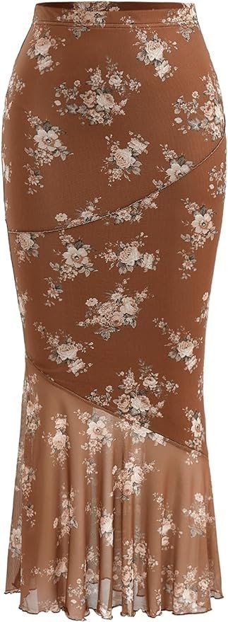Milumia Women's Floral Mesh Ruffle Hem Maxi Skirt High Waisted Fishtail Long Skirts