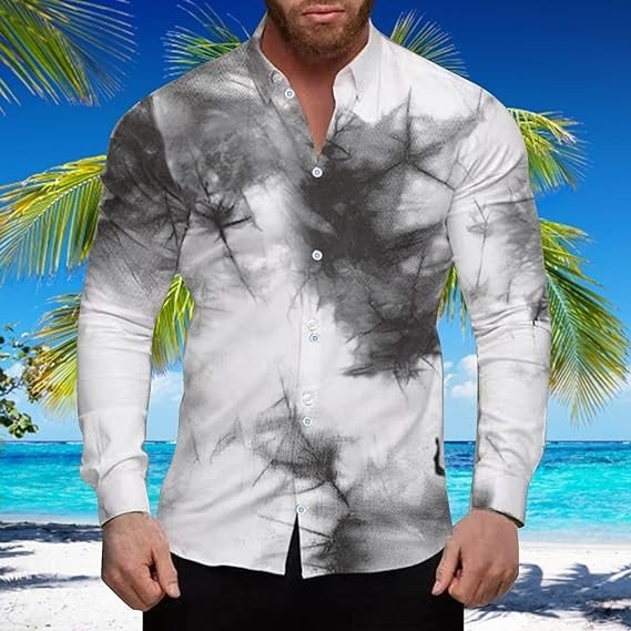 Hawaiian Shirts for Men Long Sleeve Funny Summer Tshirt Relaxed-Fit Loose Button Down Breathable Soft Ocean Pullover