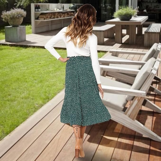 EXLURA Womens High Waist Polka Dot Pleated Skirt Midi Swing Skirt with Pockets