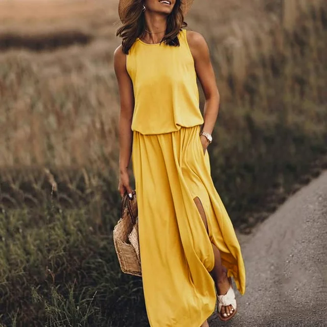 Dresses for Women 2023 SHOPESSA Wedding Guest Dresses Casual Sleeveless O-Neck Solid Fork Opening Dress in Season Green