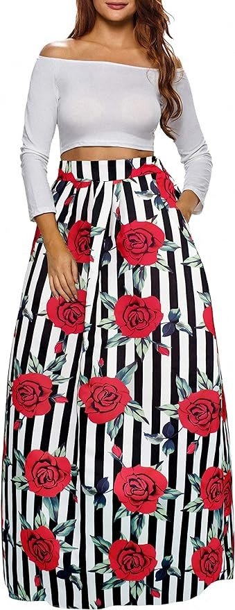 Sinono Women's African Printed Maxi Skirt Flared A Line Long Skirts