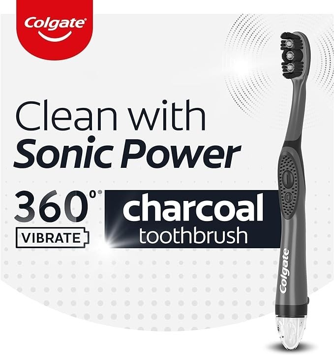 Colgate 360 Vibrate Charcoal Battery Operated Toothbrush Pack, Disposable Electric Toothbrushes with 1 AAA Battery Included, Whole Mouth Clean, 2 Pack, Black