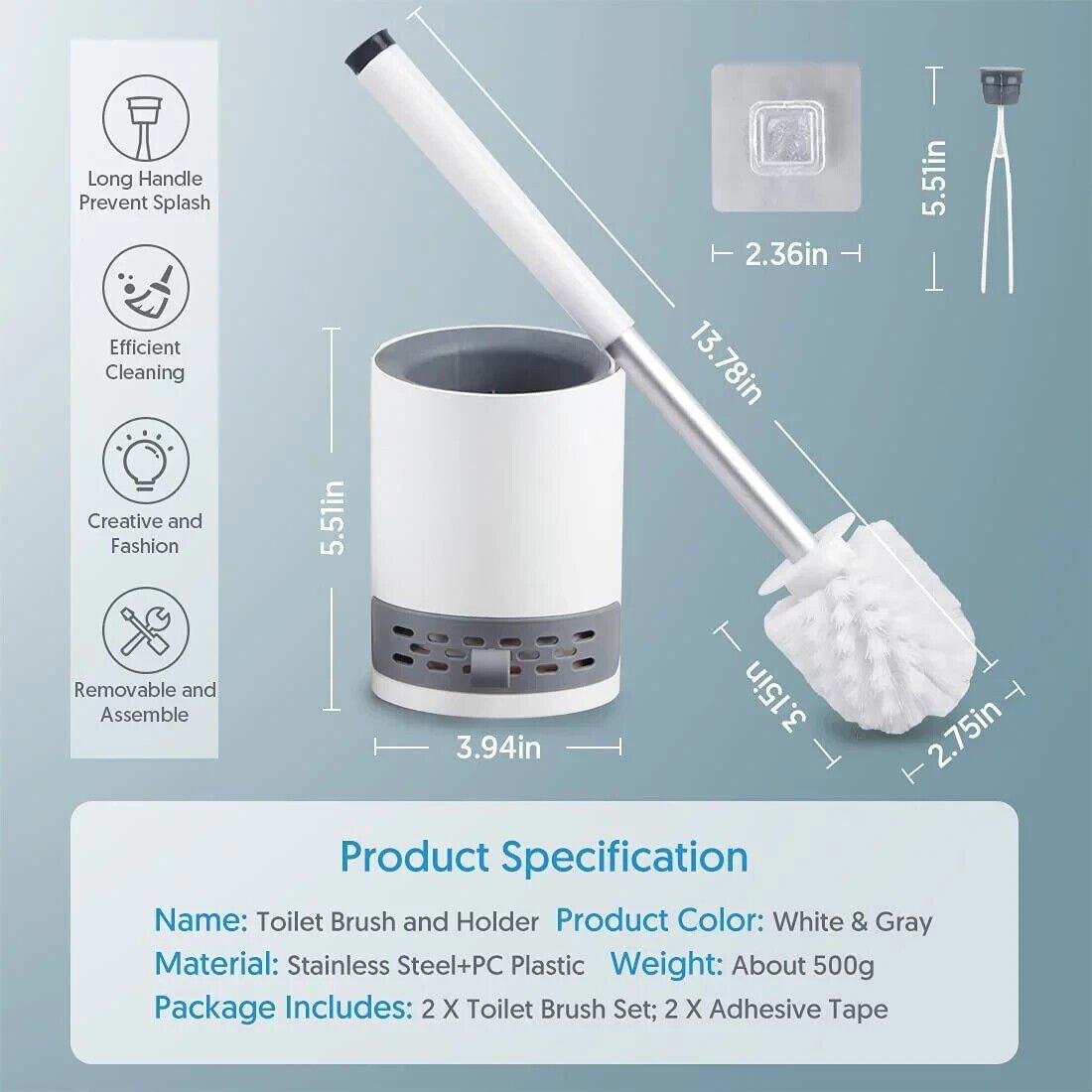 Toilet Brush and Holder Caddy Plunger Set 2 Pack-Hard Bristles Toilet Bowl Brush