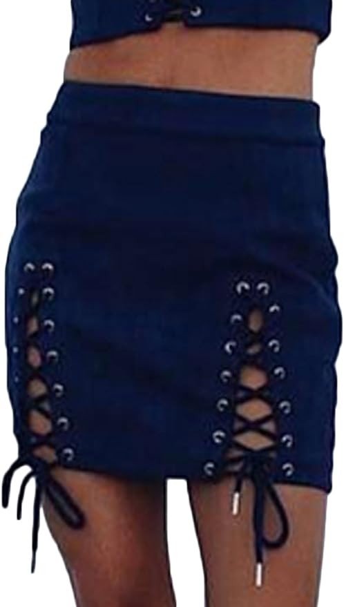 Meyeeka Womens Sexy High Waist Lace Up Bodycon Faux Suede Split Tight Mini Skirt