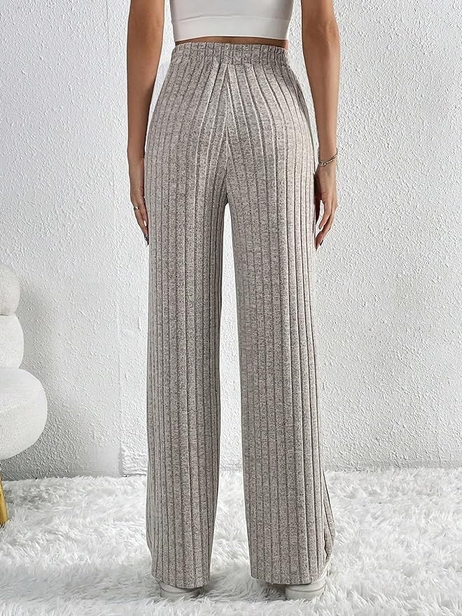 MakeMeChic Women's Casual Drawstring Elastic Waisted Trousers Ribbed Knit Straight Leg Long Pants