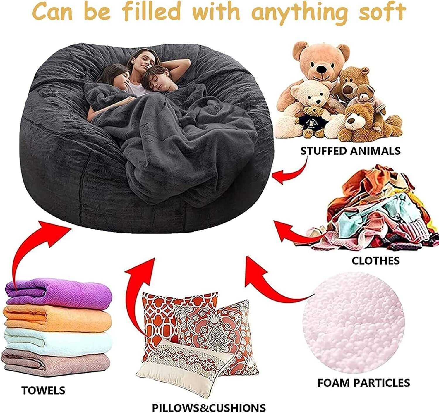Microsuede 5FT 6FT Foam Giant Bean Bag Memory Living Room Chair Lazy Sofa Soft