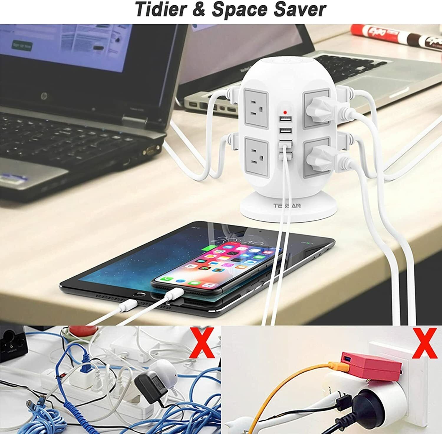 Power Strip Tower Surge Protector with 8 Outlet 4 USB 6/10/15 FT Extension Cord