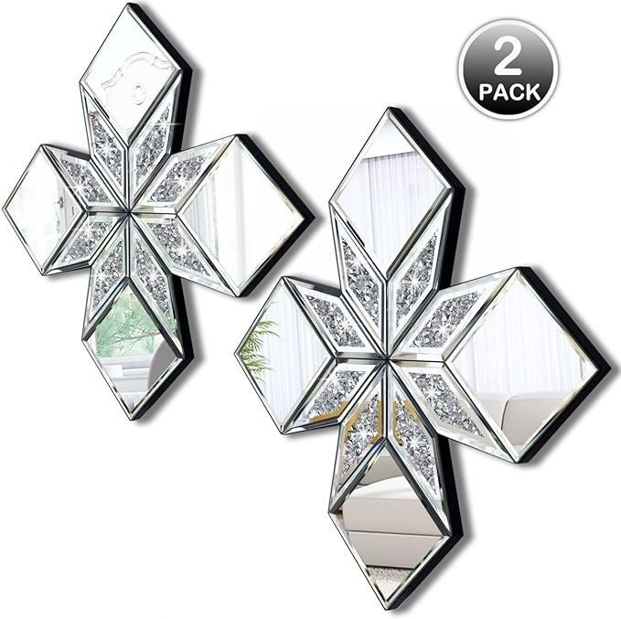 VOHJD Crushed Diamond Decorative Mirror 2 Pack 16.75x16.75� Diamond Shape Glass Decor Wall Mirror for Home Decor, Accent Mirror