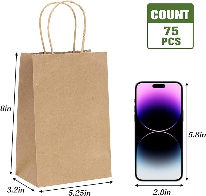 Moretoes 75pcs Small Gift Bags 5.25x3.75x8 Inches Brown Kraft Paper Bags with Handles Bulk, Retail Bags for Small Business, Shopping Bags, Birthday Wedding Party Favor Bags, Merchandise Bags
