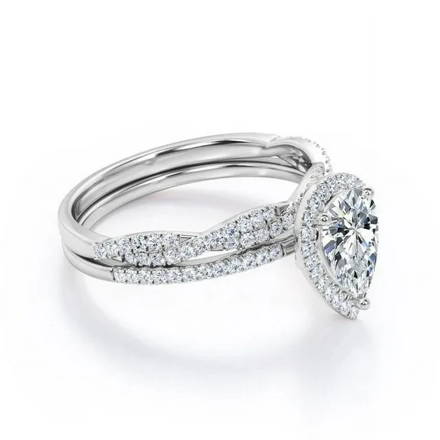 JeenMata 1.25 Carat pear cut Moissanite and Diamond Halo Bridal Wedding Ring Set in 10k White Gold