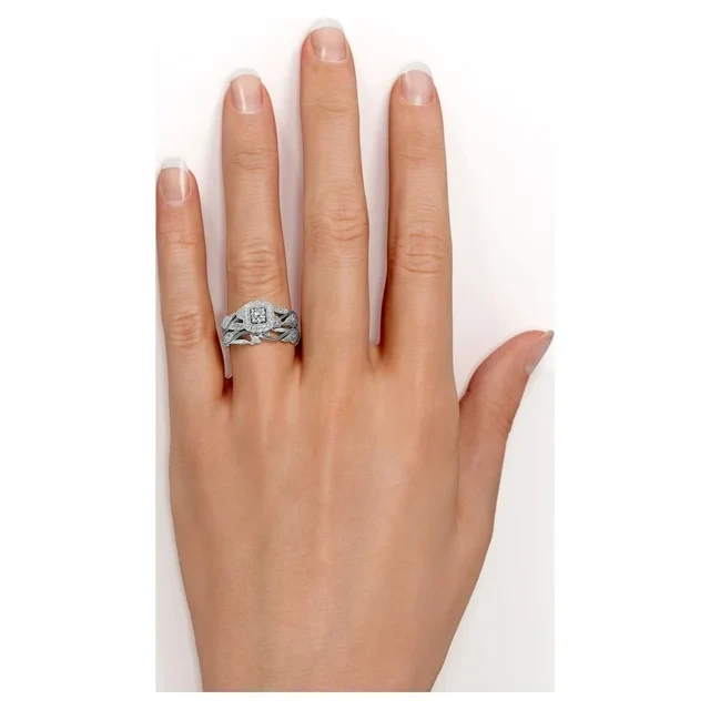 JeenMata Antique - Round Diamond - Edwardian Diamond Filigree Ring - Art Deco Style - Wedding Ring Set in 10K White Gold