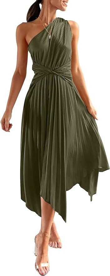 PRETTYGARDEN Women's Summer Long Satin Dress One Shoulder Sleeveless Ruched Twist Flowy Maxi Dresses