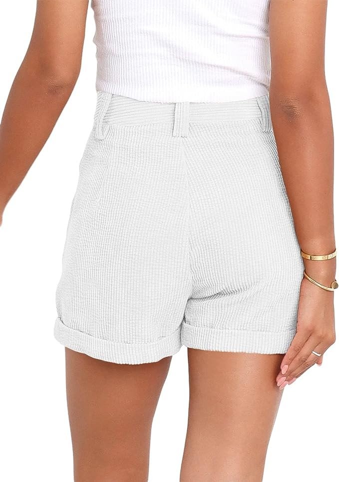 Danedvi Womens Summer Shorts Mid-Waist Cuffed Hem Corduroy Shorts with Pockets