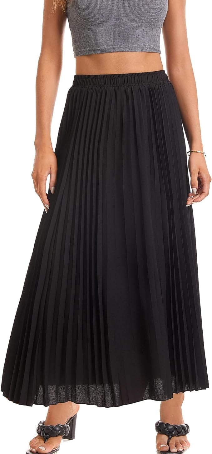 TEERFU Womens Elastic High Waist Flowy Pleated Skirt Chiffon Swing A-line Beach Maxi Skirt