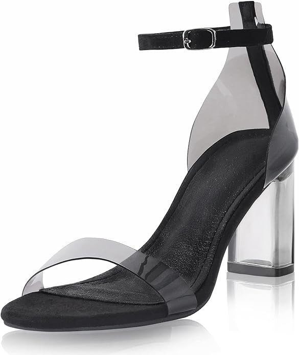 iCKER Women's Clear Heeled Sandals Ankle Strap Block Chunky High Heel Open Toe Pump Sandals