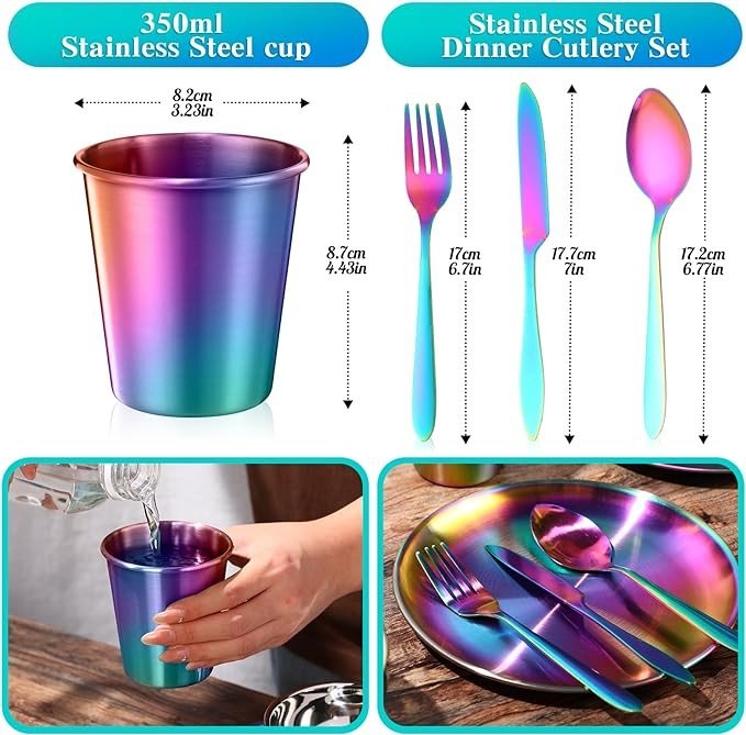 Honeydak 36 Pcs Stainless Steel Utensils Camping Tableware Kit Include Set of 6 Plate Bowl Cups Spoons Forks Knives Flatware Set for Backpacking Camping Hiking and Picnic(Rainbow Color)