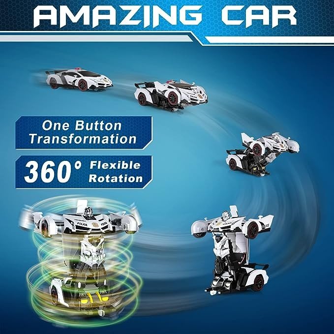 FDJ Remote Control Car - Transform , One Button Deformation to Robot with Flashing Light, 2.4Ghz 1:18 Scale Transforming Police Boys Kids Toys Gift with 360 Degree Rotating Drifting