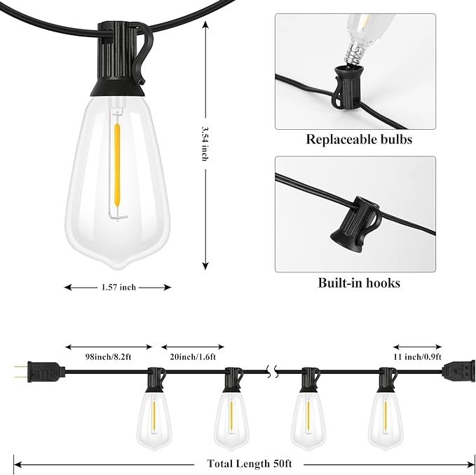 Brightever 50FT Outdoor String Lights Waterproof, 2700K Bright LED Patio Lights with 27 ST38 Shatterproof Vintage Bulbs, Retro Connectable Edison String Lights for Outside, Garden, Balcony, Porch
