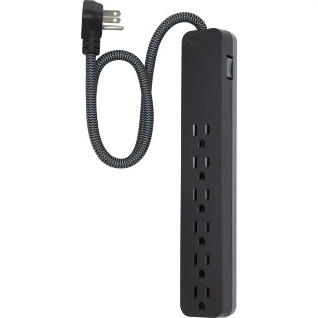 GE Pro 15-Amp Grounded 6-Outlet Surge Protector with 2 ft. Braided Extension Cord, Black