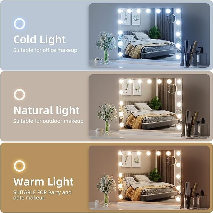 RICHTOP Hollywood Lighted Makeup Mirror, Vanity Mirror with Lights w/ 15pcs 3 Colors Light Dimmable LED Bulbs with 10X Magnification, Tabletop & Wall Mounted Mirror with Plug-in and USB Port