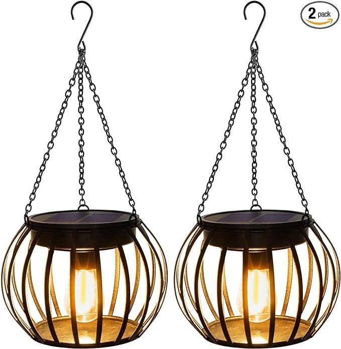 Sunklly Hanging Solar Lanterns, Retro Metal Outdoor Waterproof Wireless Hanging Solar Lights with Tungsten Light Bulb Halloween Christmas Decoration for Garden Yard Patio Pathway(2 Pcs)