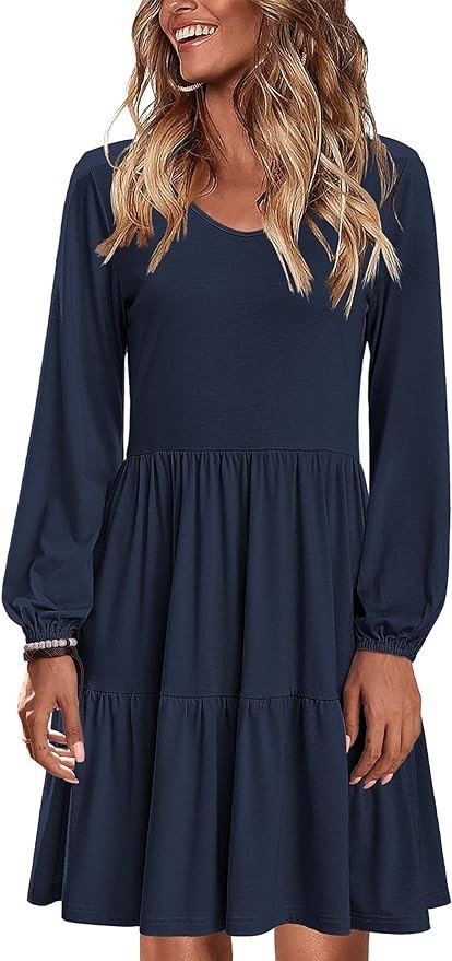 HOTOUCH Women Casual Tunic Dress V Neck Tiered Dress Long Sleeve Fit Swing Shift Dress with Pockets Loose Ruffled Dresses