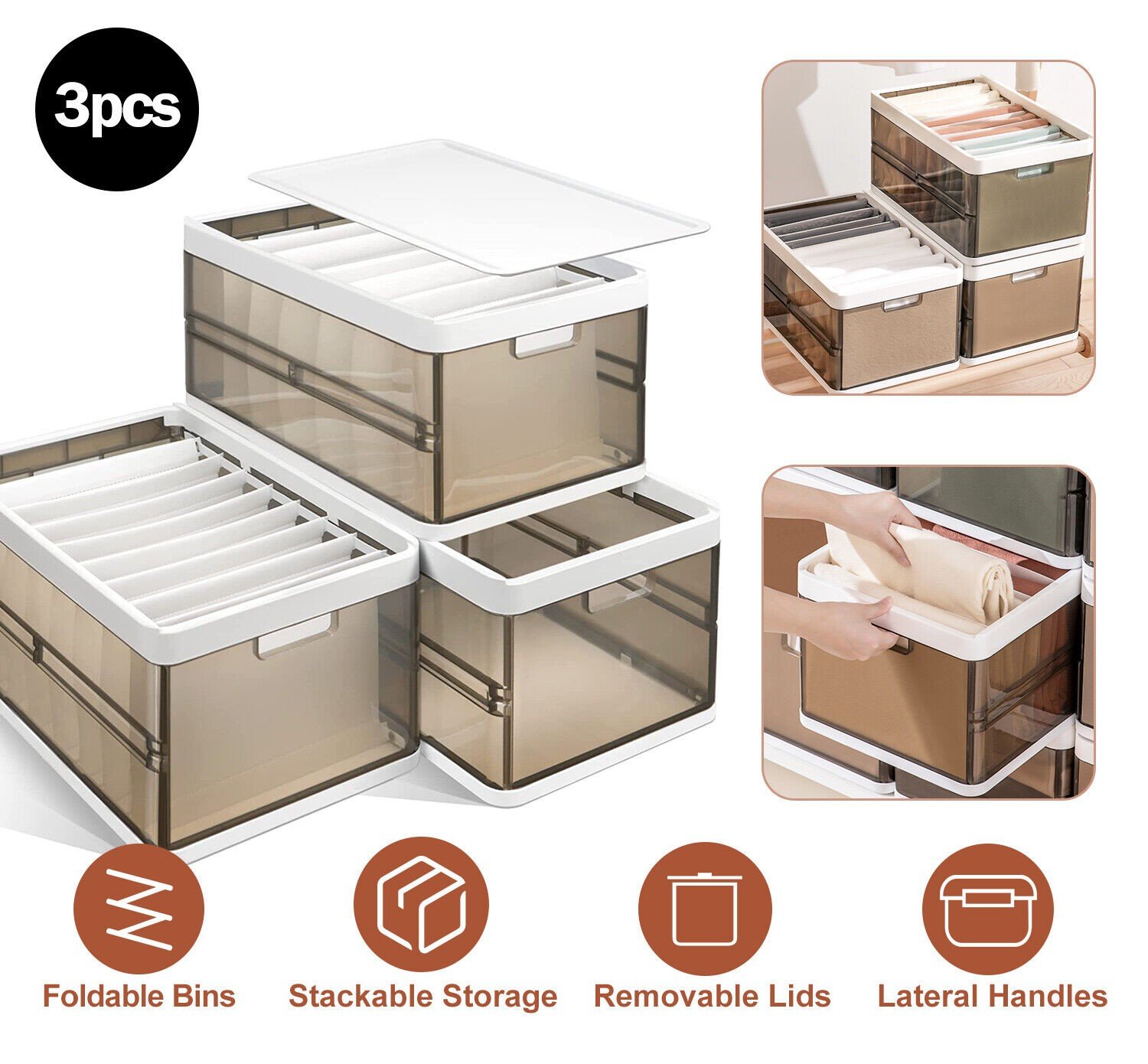 3 Packs Collapsible Storage Bins Wardrobe Closet Organizer Container With Lid