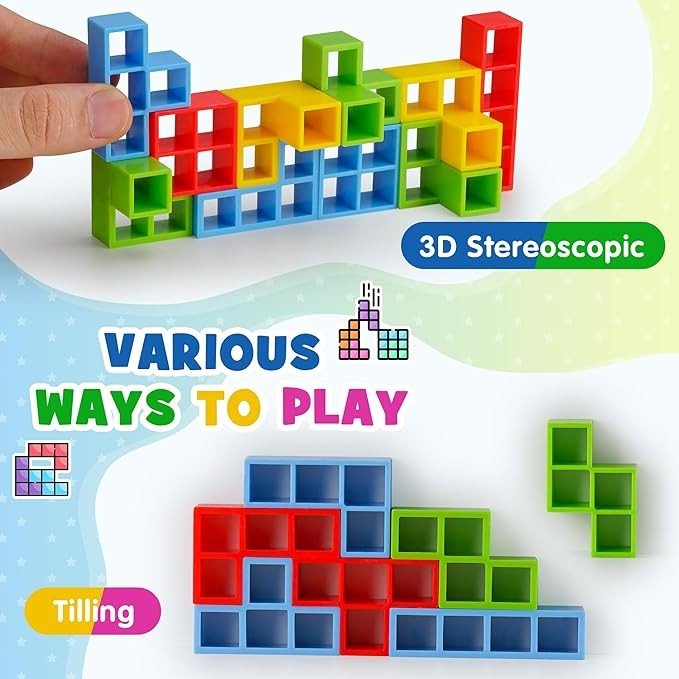 WOWNOVA 48PCS Tetra Tower, Fun Balance Stacking Building Blocks Board Game for Kids, Adults, Friends, Team, Classroom, Dorm, Family Game Night and Parties