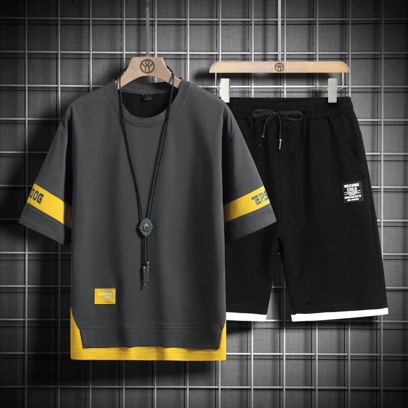 Mens Hip Hop Tracksuit T-shirt and Shorts Two Piece Set Patchwork Outfit Set