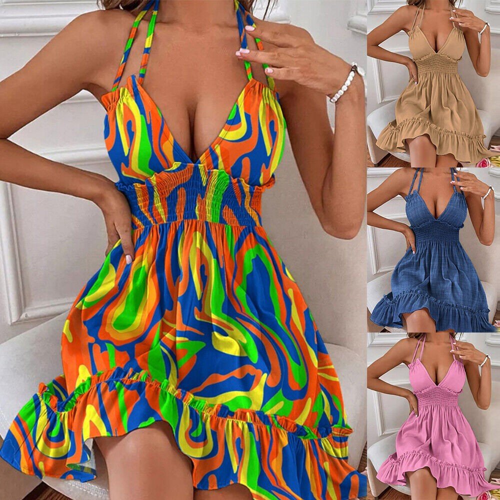 Womens Sexy Backless Swign Dress Summer Deep V-Neck Beach Party Cami Mini Dre